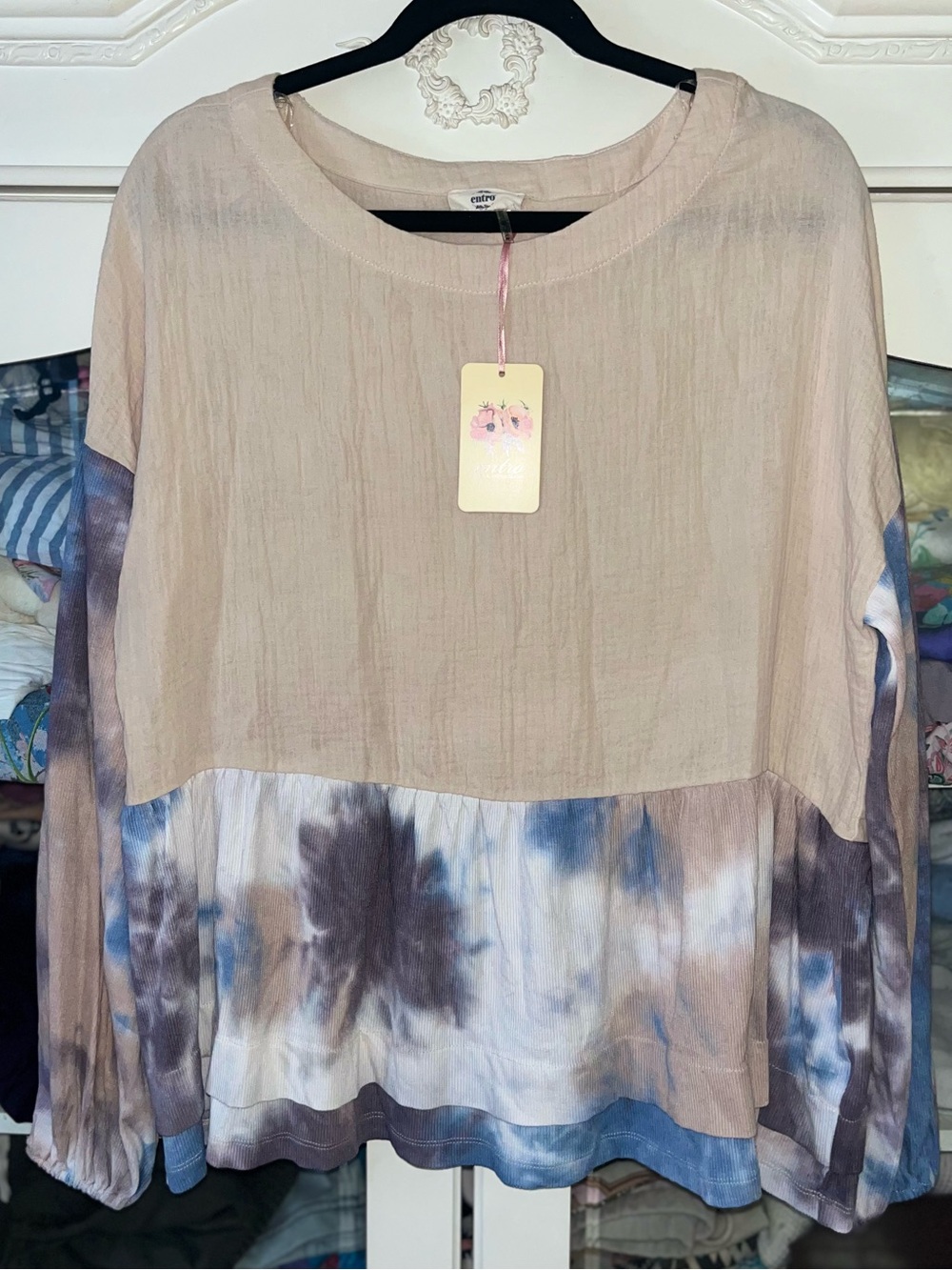Entro mixed media Tie-Dye Gauze Blouse | Boho Luxe Neutral Top | Medium